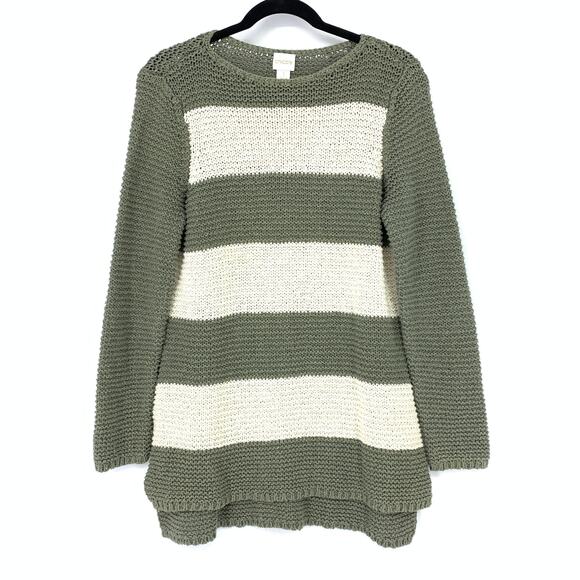 Chico's Sweater Women's 1 US M Block Textured Knit Striped Pullover Olive White - Picture 1 of 6